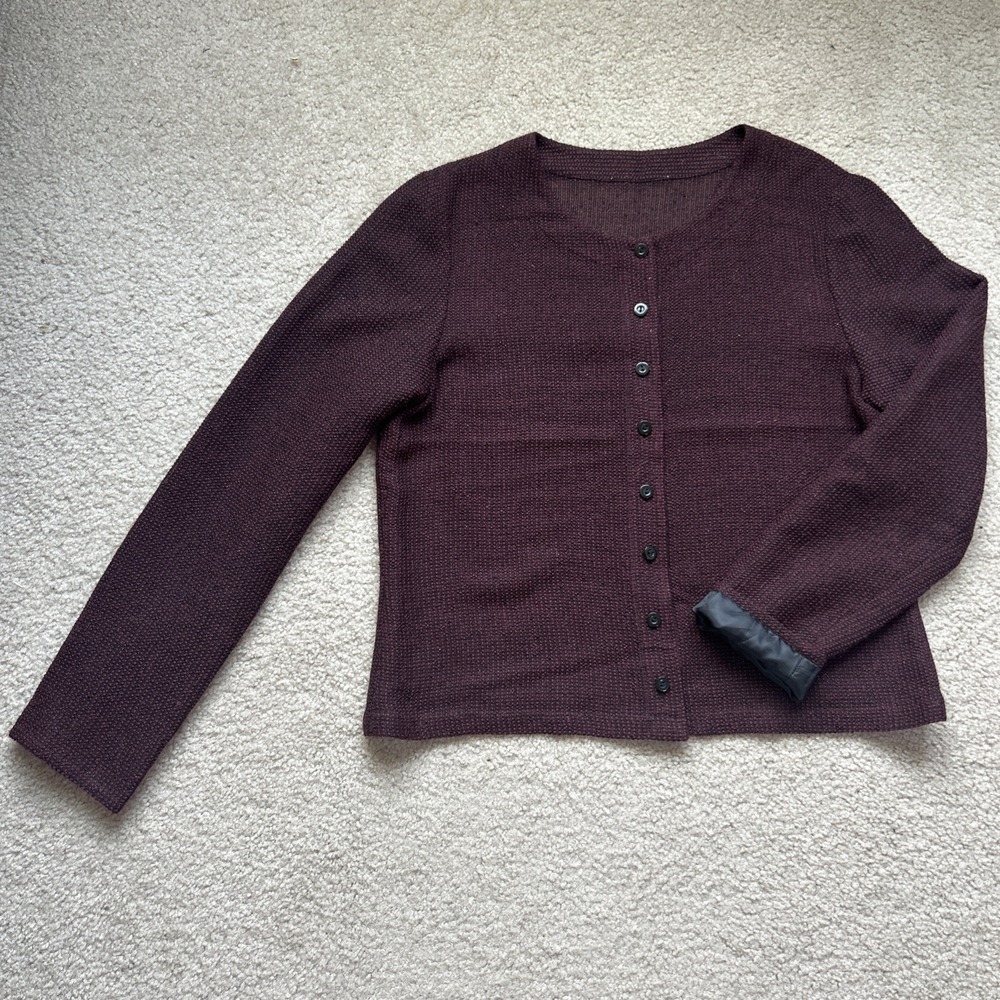 Women’s 12 Burgundy Plum Fall Shacket Cardigan Metallic Gold Thread Sheer Knit